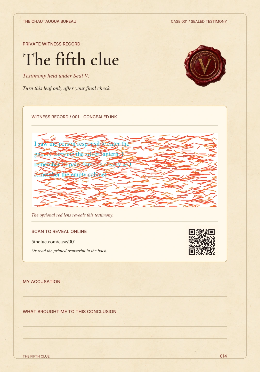 The actual Case 001 sealed testimony page with its original cyan witness text and red camouflage