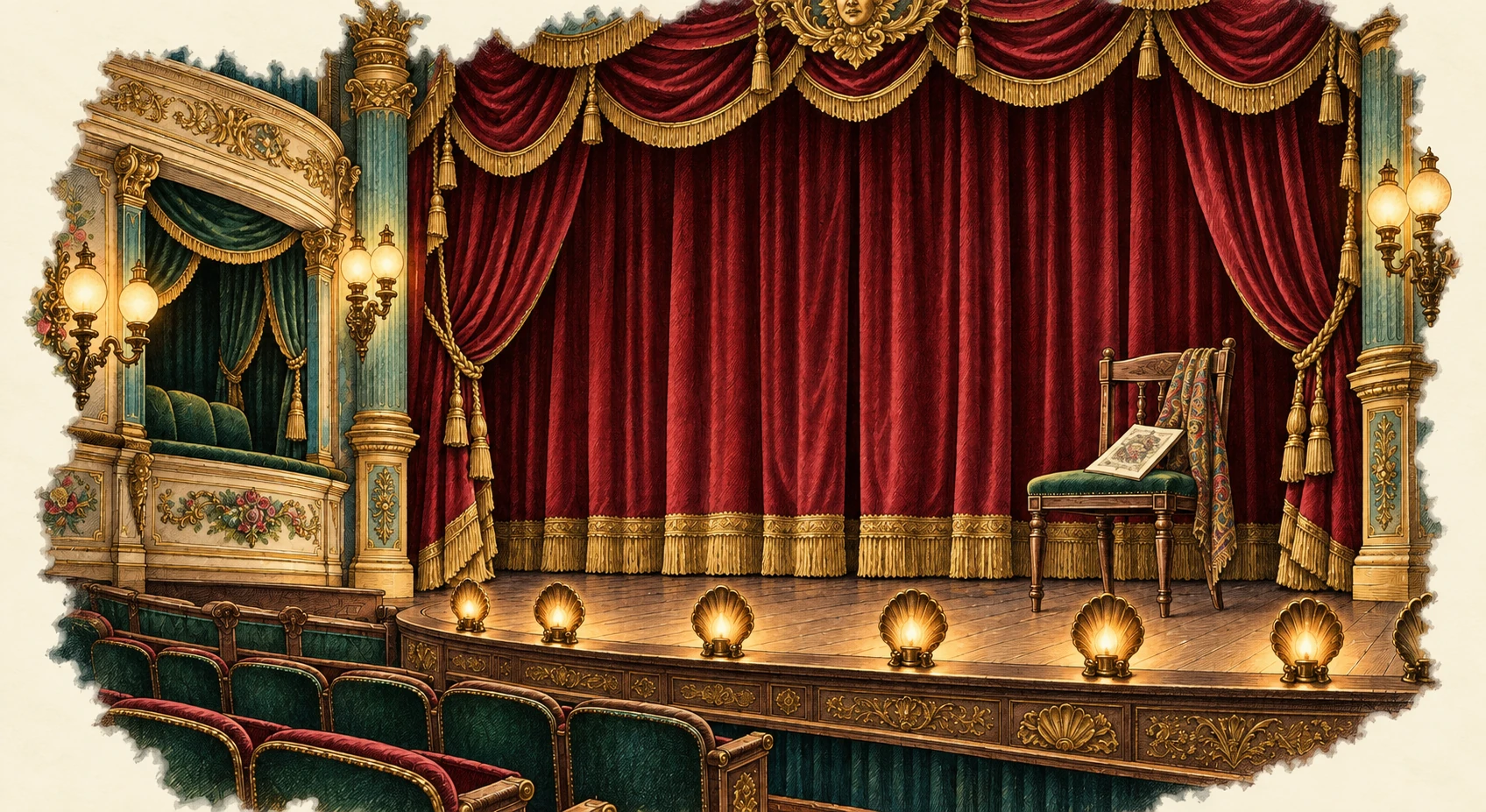 Color illustration inspired by The Lost Opening-Night Gift: the theatre
