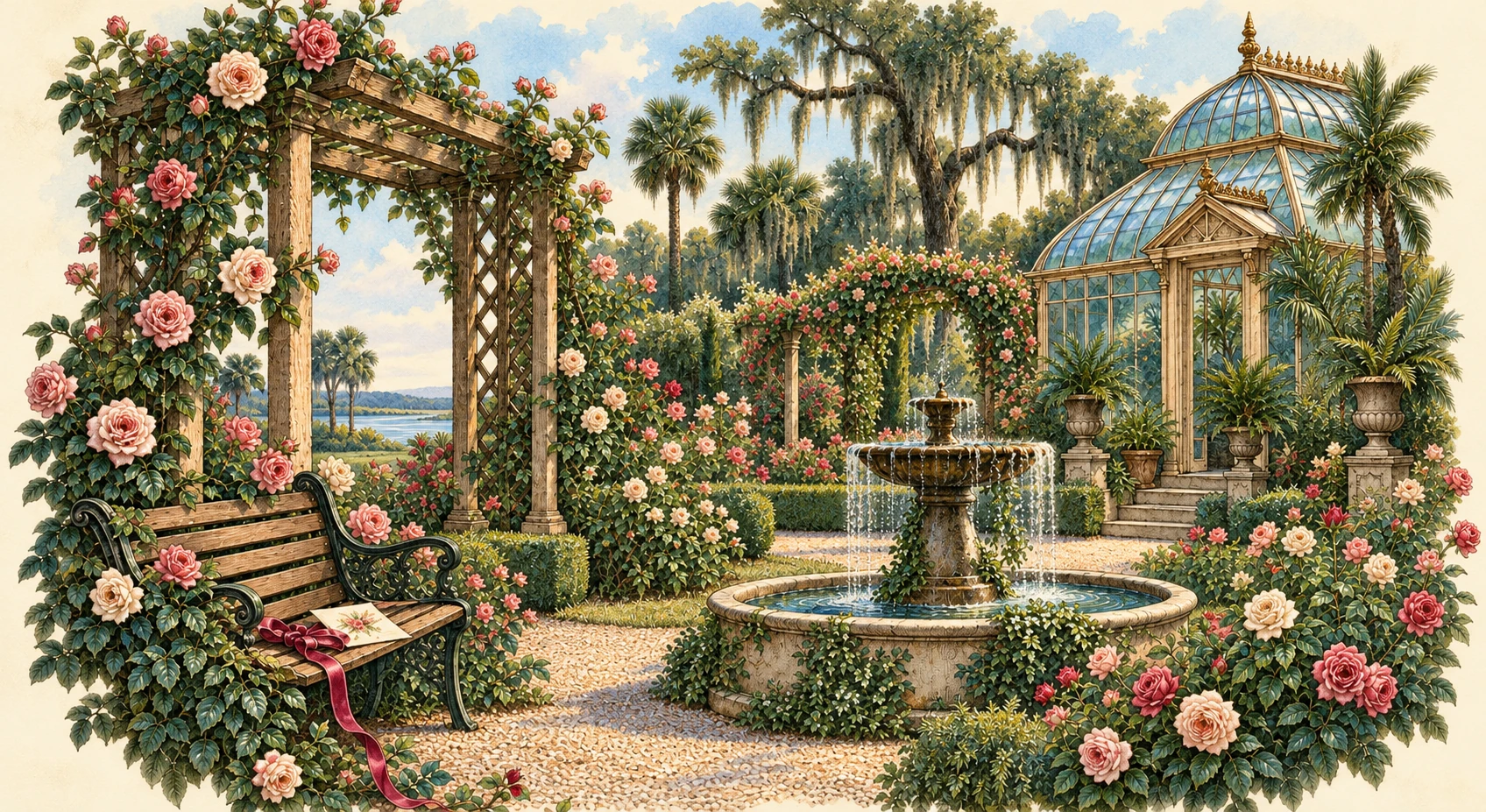 Color illustration inspired by The Gardener's Gold: the gardens