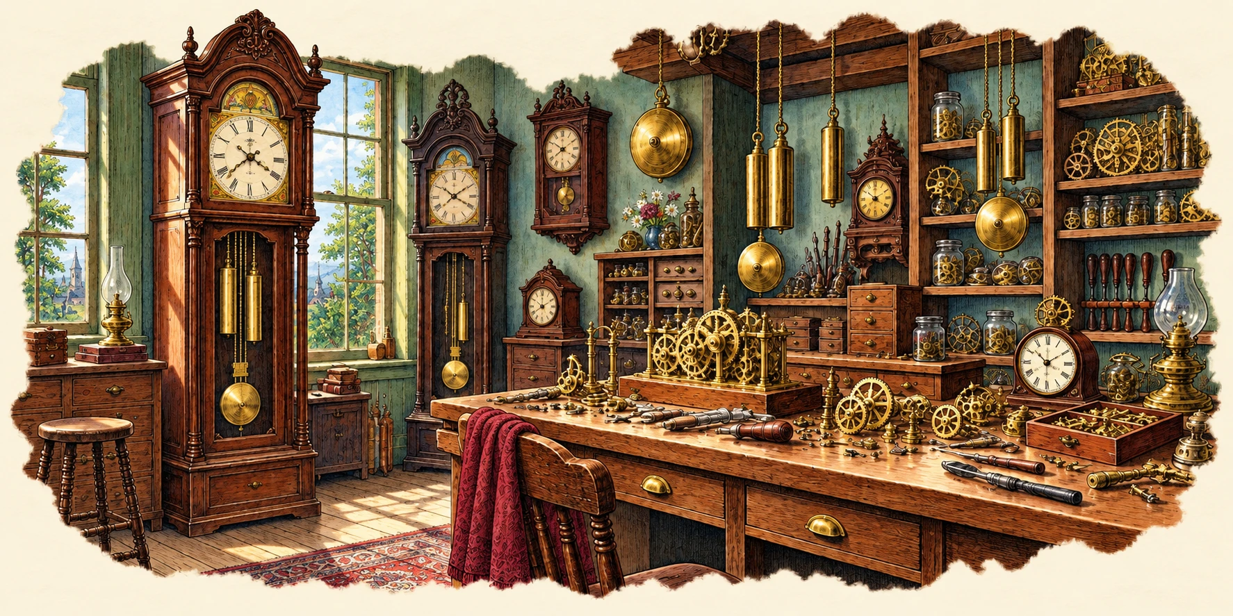 Color illustration inspired by The Stolen Hourglass: the clockmaker’s workshop