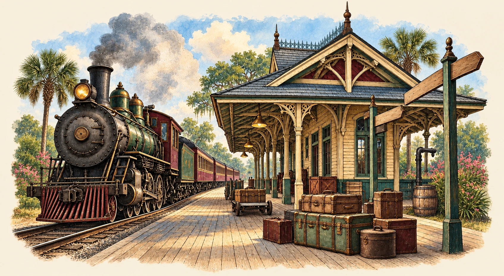 Color illustration inspired by The Last Train Ticket: the railway station