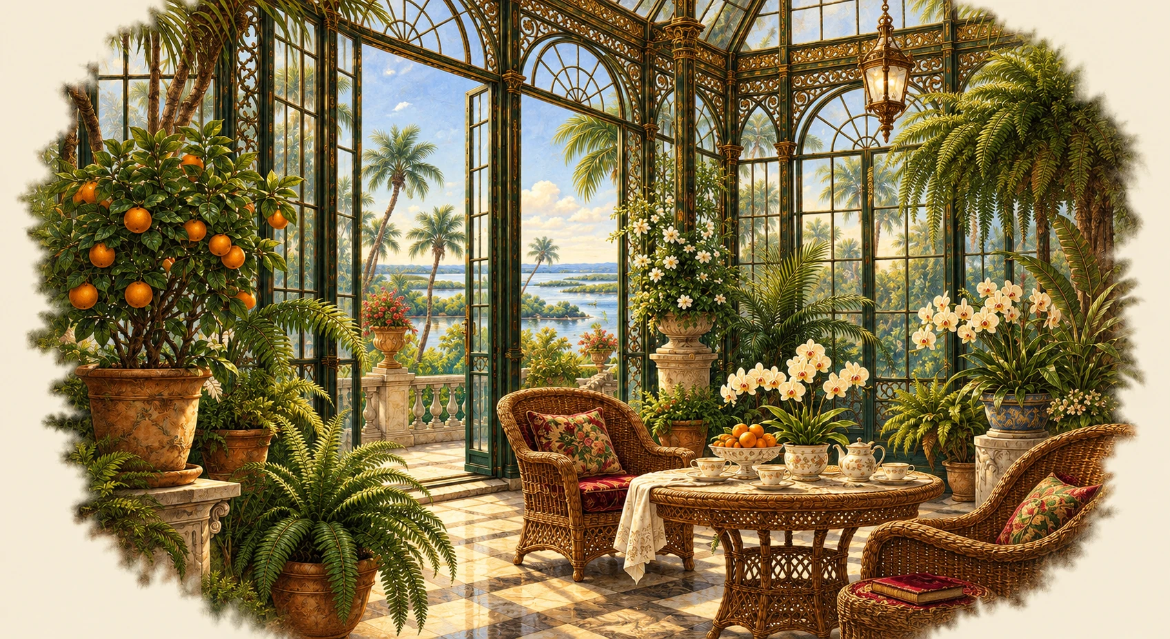 Color illustration inspired by The Crimson Greenhouse: the conservatory
