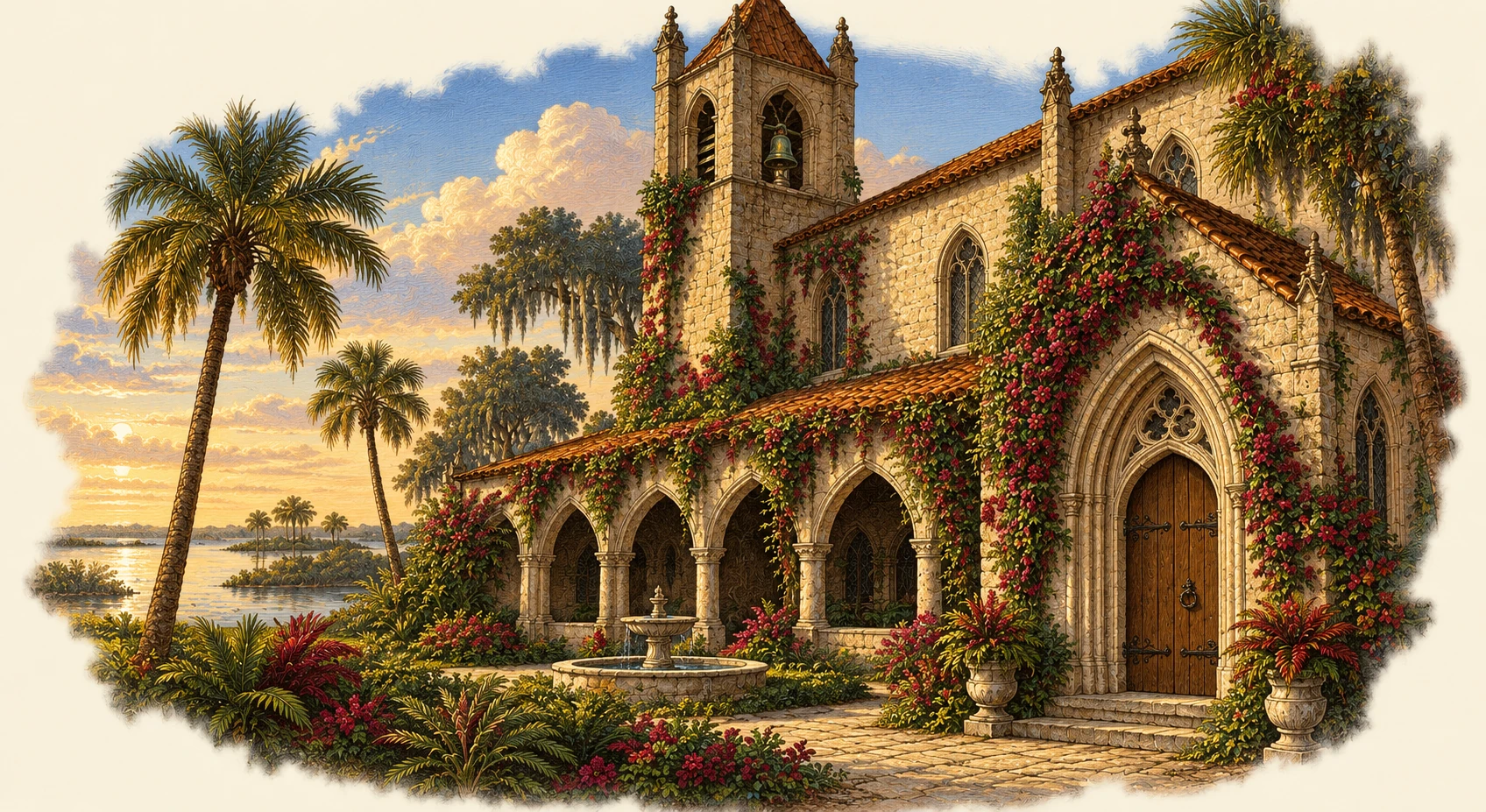 Color illustration inspired by A Message Before Dawn: the old abbey at daybreak