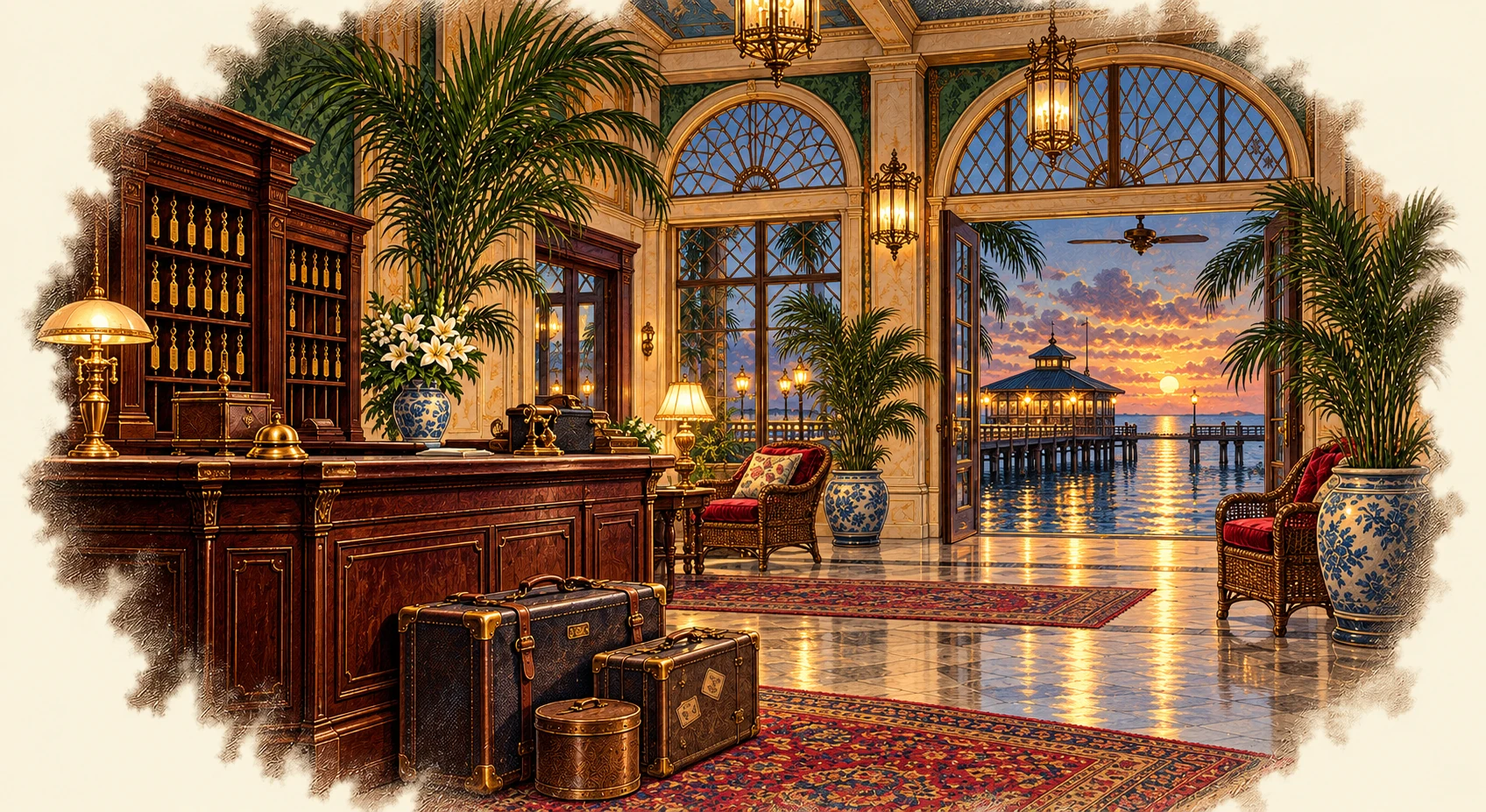 Color illustration inspired by The Key in the Ice: the hotel