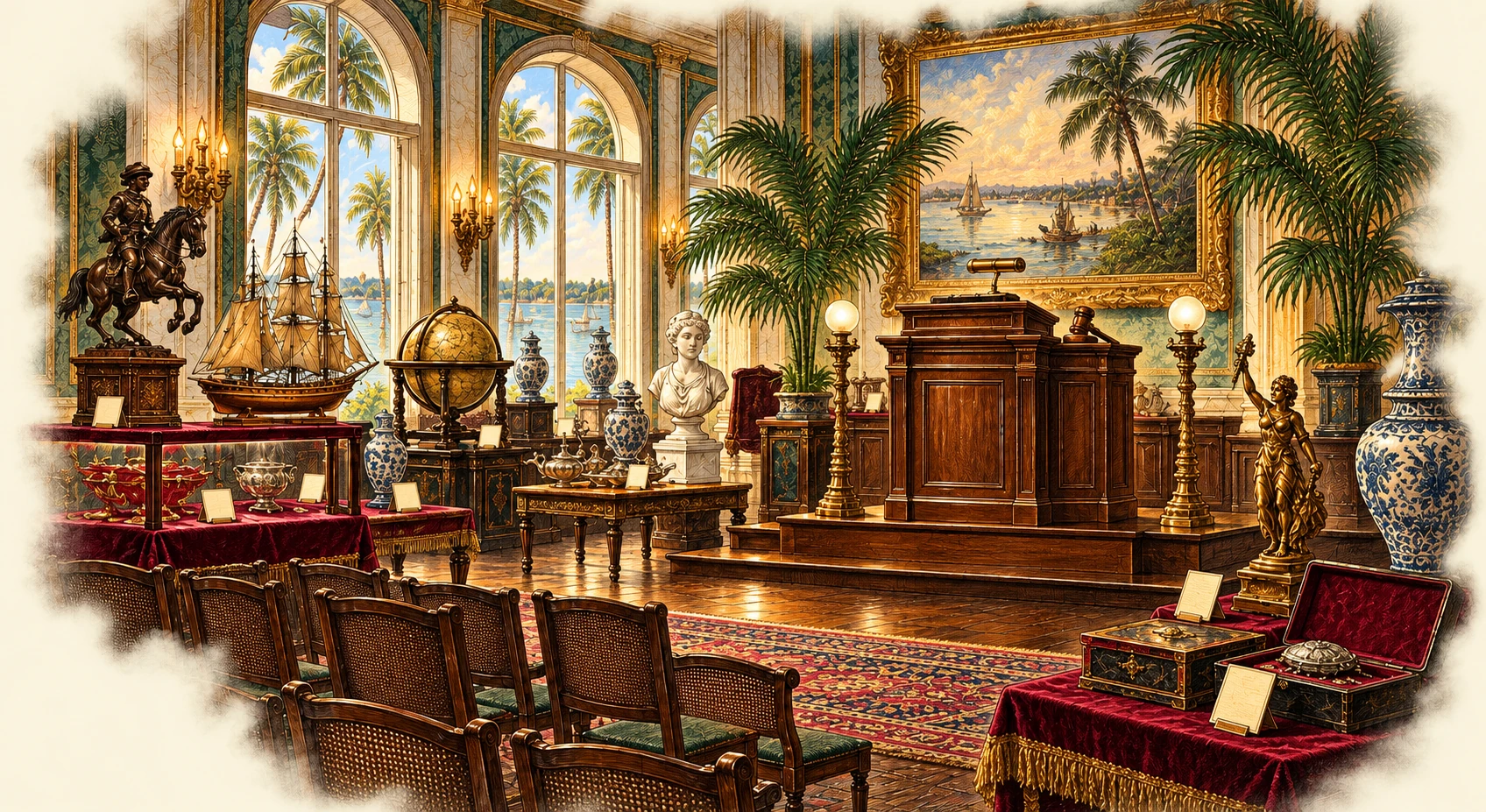 Color illustration inspired by The Velvet Hammer: the auction rooms