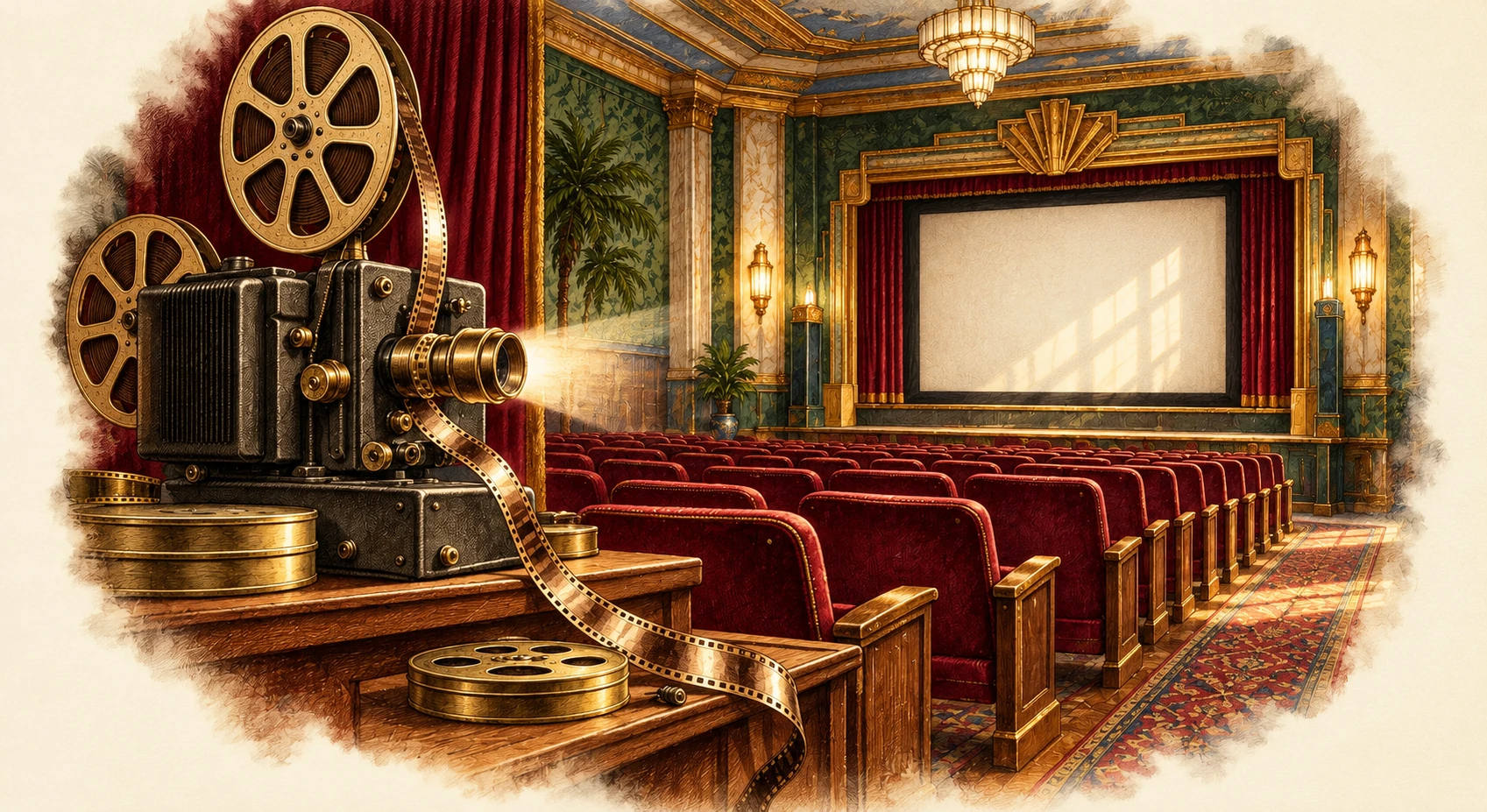 Color illustration inspired by The Film Reel That Lied: the cinema