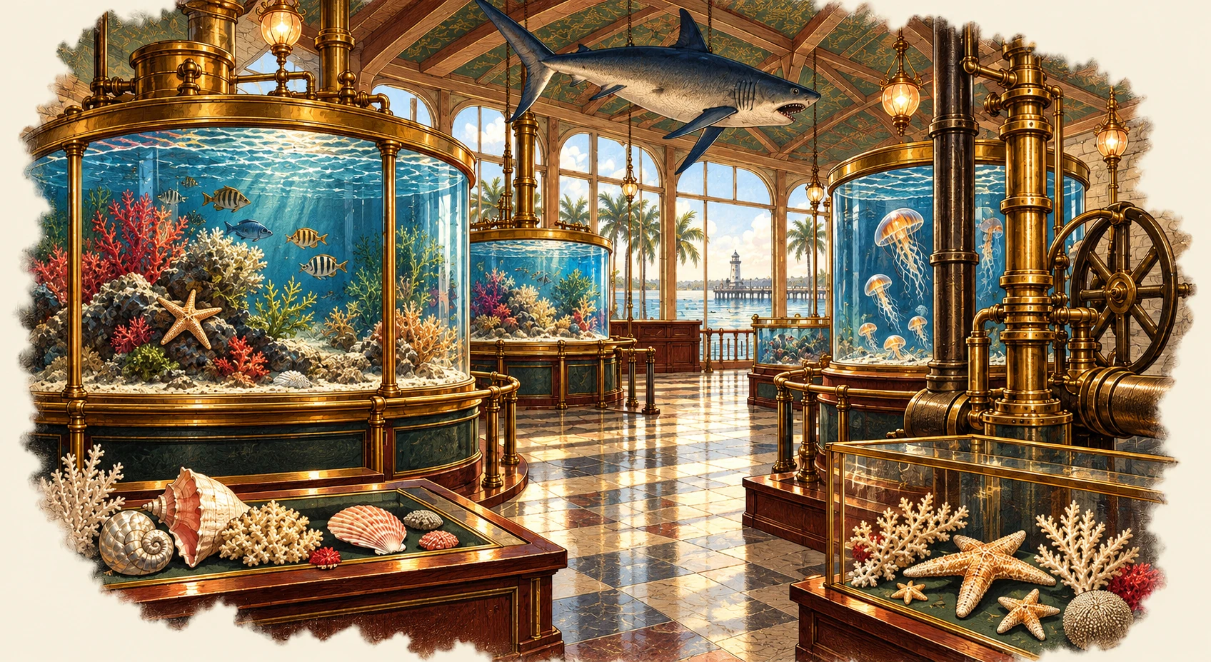 Color illustration inspired by The Coral Key: the aquarium
