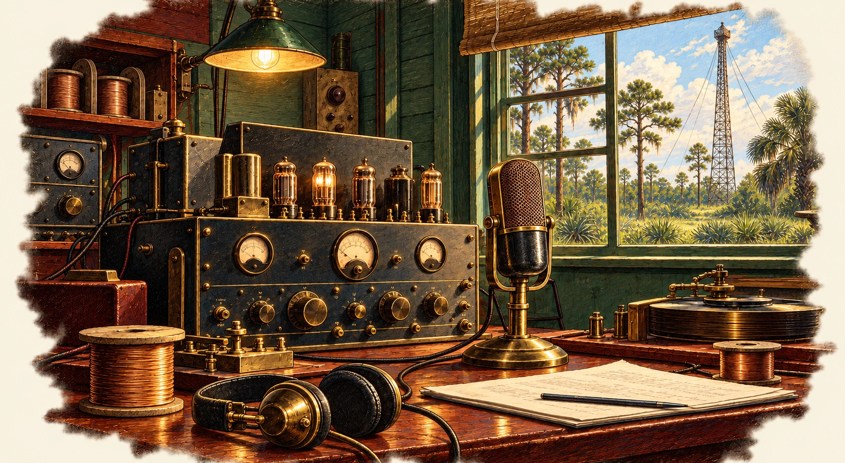 Color illustration inspired by The Unlisted Frequency: the radio room