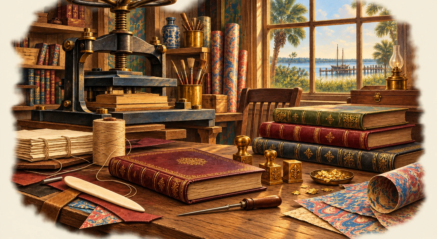 Color illustration inspired by A Book with Two Spines: the bindery