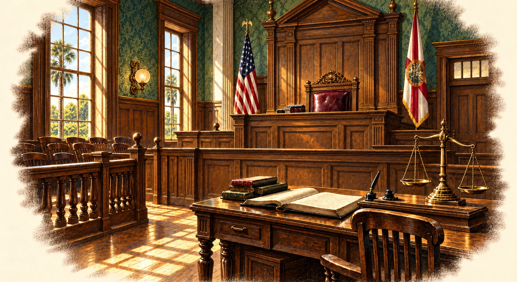 Color illustration inspired by The Sealed Deposition: the courthouse